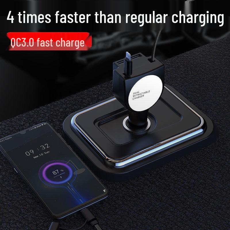Двойное USB Быстрое Автомобильное Зарядное Устройство с Выдвижным Кабелем для Устройств Huawei и Apple