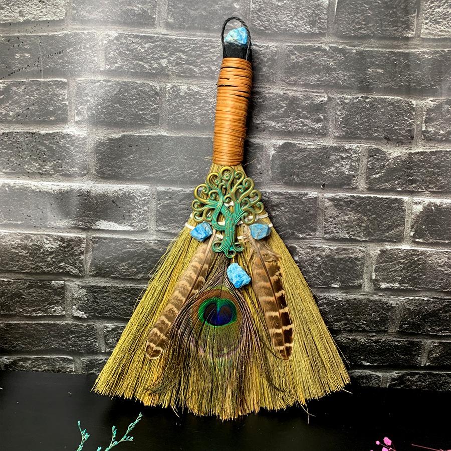 Big Broom Natural Amethyst Life Tree Halloween Peacock Feather Eye Altar Ornament Witch Mini Broom Home Decoration Handicrafts