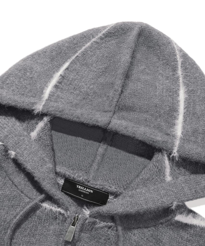 TRILLION Washable Wool Hairy Stripe Hooded Zip-Up Knit_Melange Gray