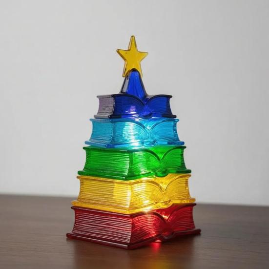 Красочная книжная лампа Стопка томов Рождественская елка Ночник Теплые светодиодные огни Прикроватная лампа для праздничного декора Любителям книг Рождественский подарок