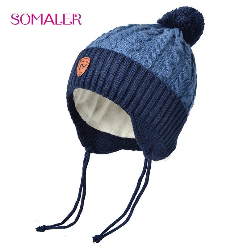 SOMALER Winter Baby Hat Real Fox Fur Pom Hat Knitted Boy Cap Cotton Earmuff Hat WarmThick Kid Beanie