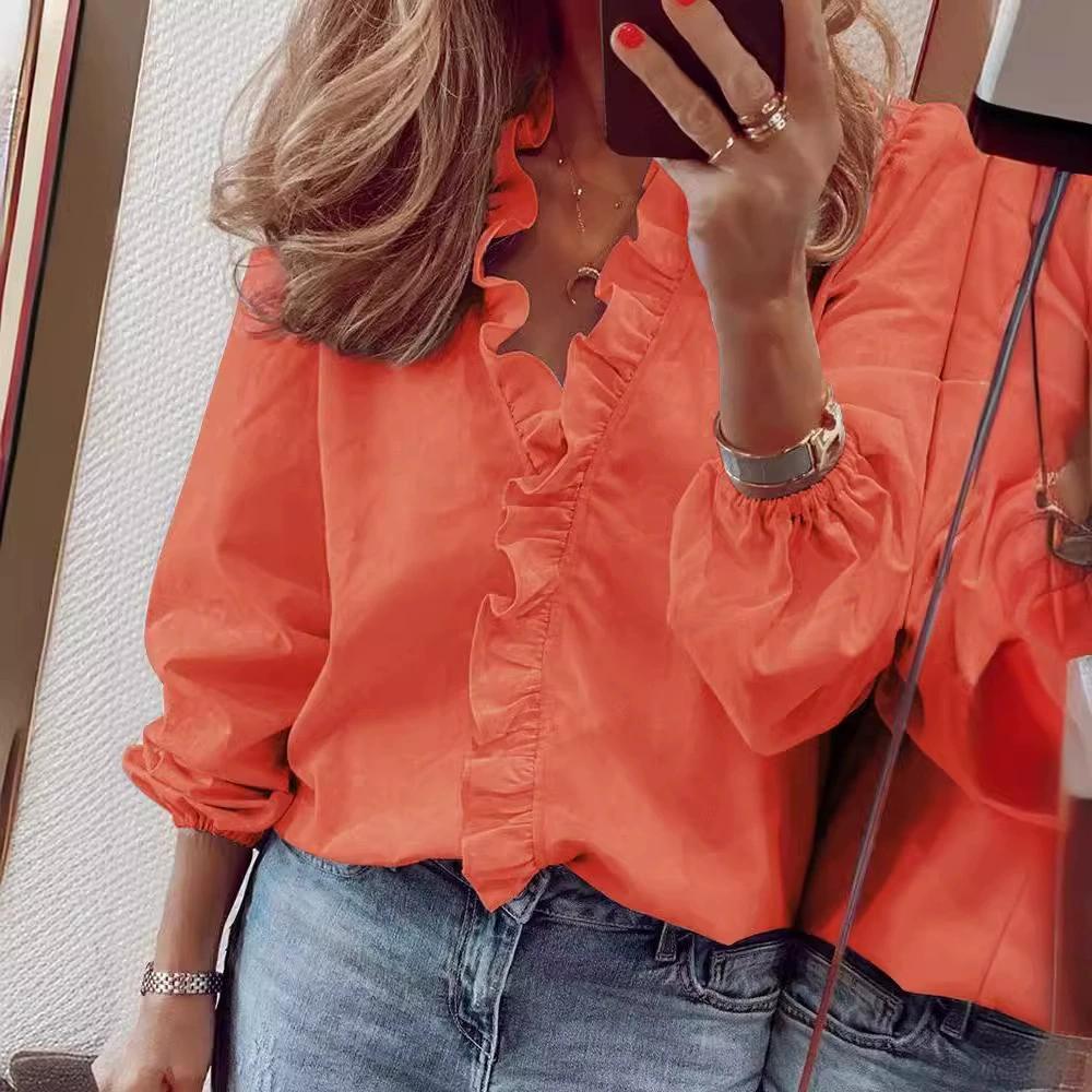 Spring and Summer New European and American Long Sleeved Ruffled Shirt Women's Shirt