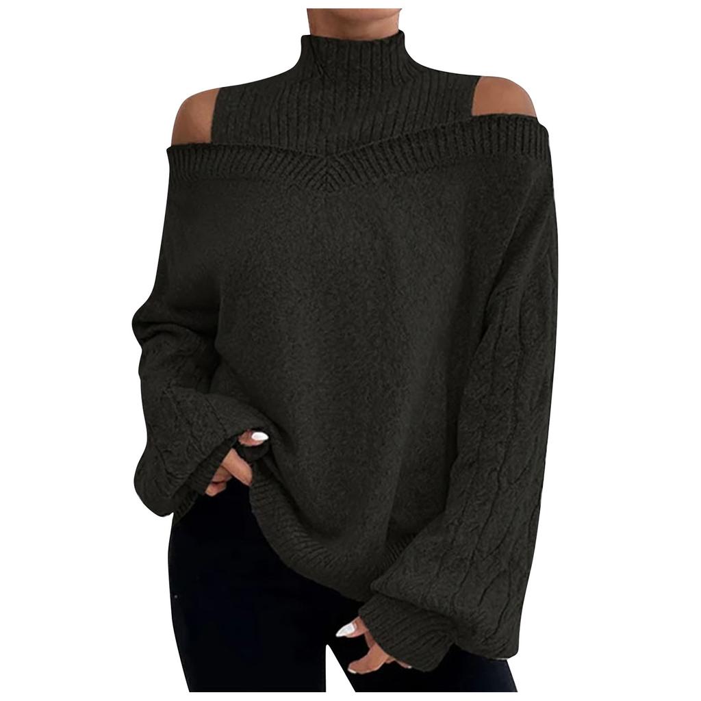 Женский и зимний модный свитер с открытыми плечами, водолазкой, теплый, однотонный, с длинным рукавом