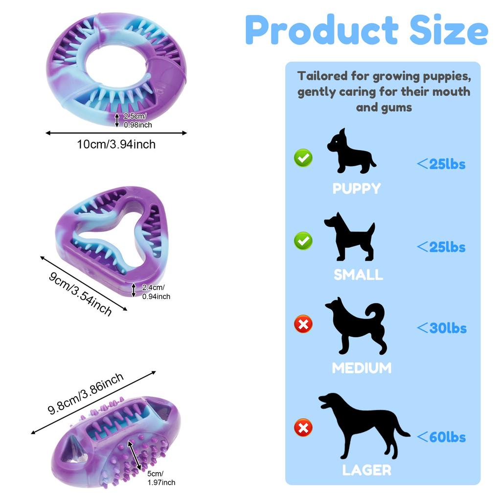 3Pcs Pet Dog Chew Toys Natural TPR Rubber Teeth Cleaning Grinding Non Toxic Toys 3 Shapes for Small Dog Chewing and Training