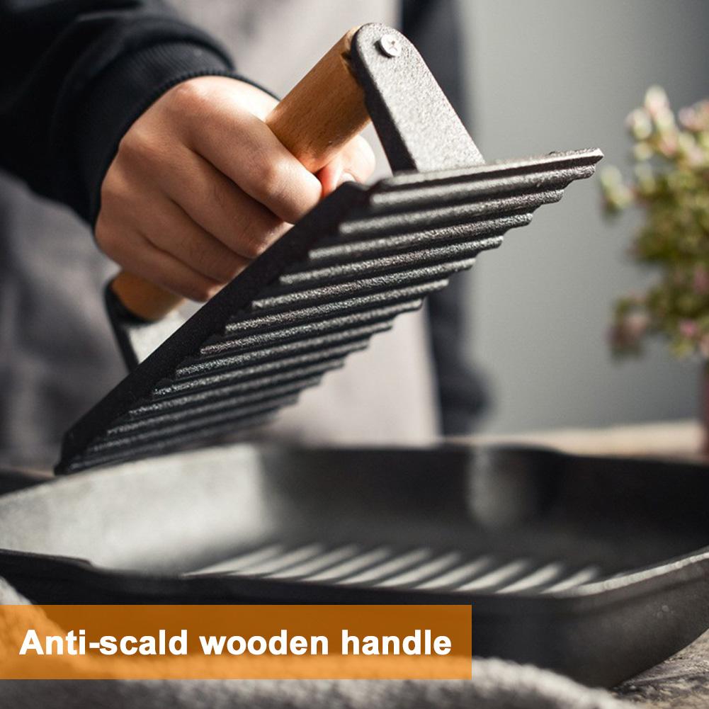 Чугунный круглый пресс для стейков и бургеров с деревянной ручкой, тяжелый плоский пресс для стейков и бекона, пресс для гамбургеров и говядины