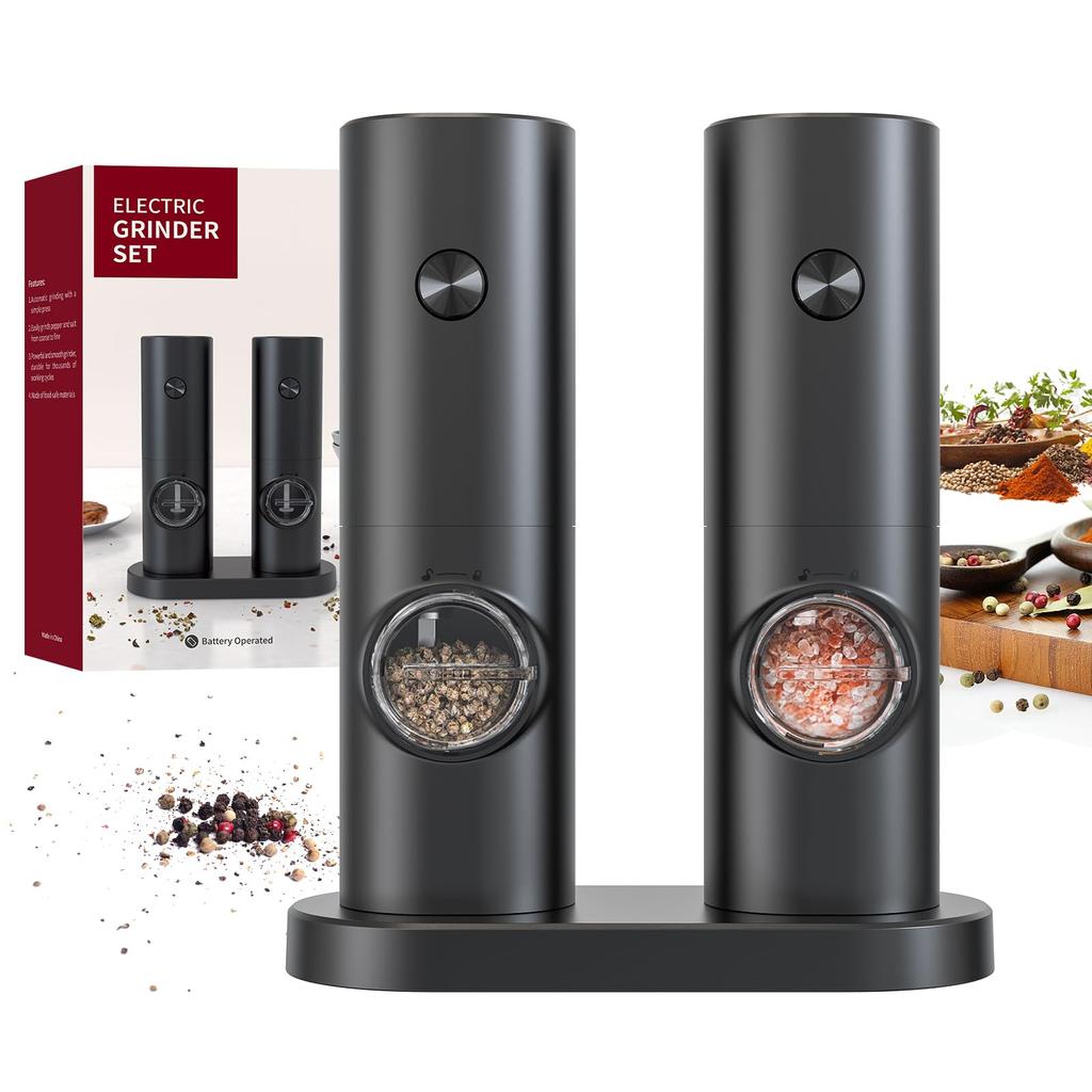 CIRCLE JOY Electric Pepper Grinder Battery Operated Pepper 70ml Washable Storage White LED Adjustable Easy Black Set, Mill, Container, Base, Light,