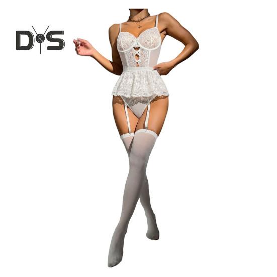 Women Sexy Deep V Sling Bodysuit See Through Heart Lace High Elasticity Romper Solid Color Shaping One Piece Underwear with Underwire