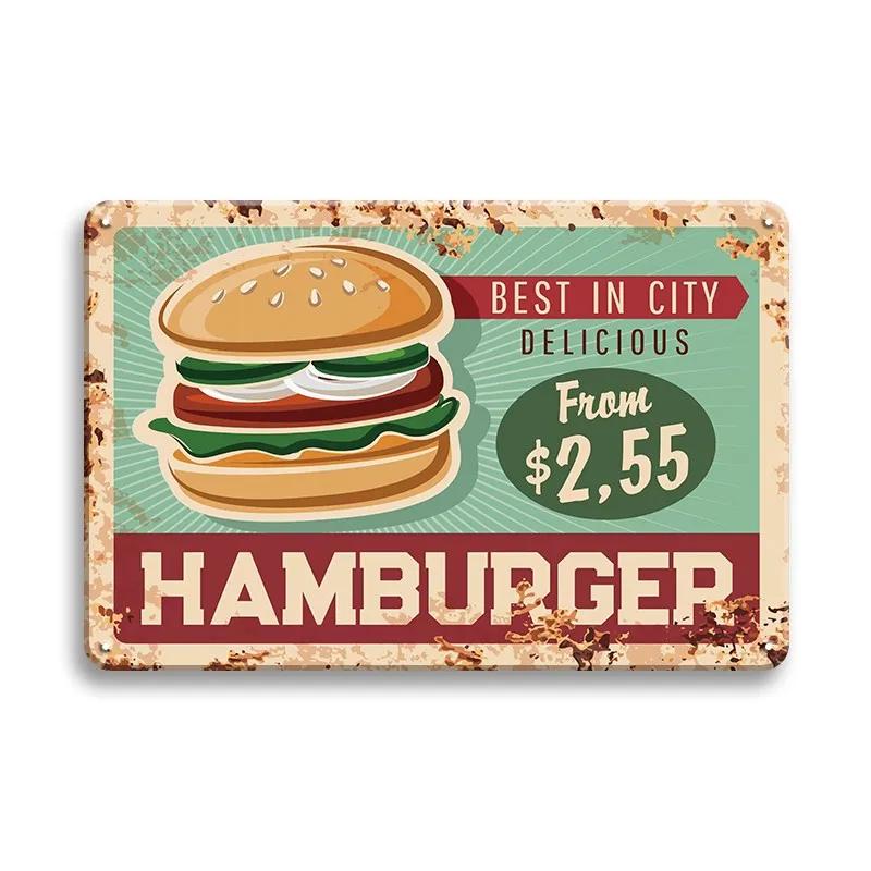 Hot Dog Fresh Hamburgers Metal Signs BBQ Vintage Posters Home Kitchen Wall Decor Iron Plate Painting Fast Food Shop Plaques