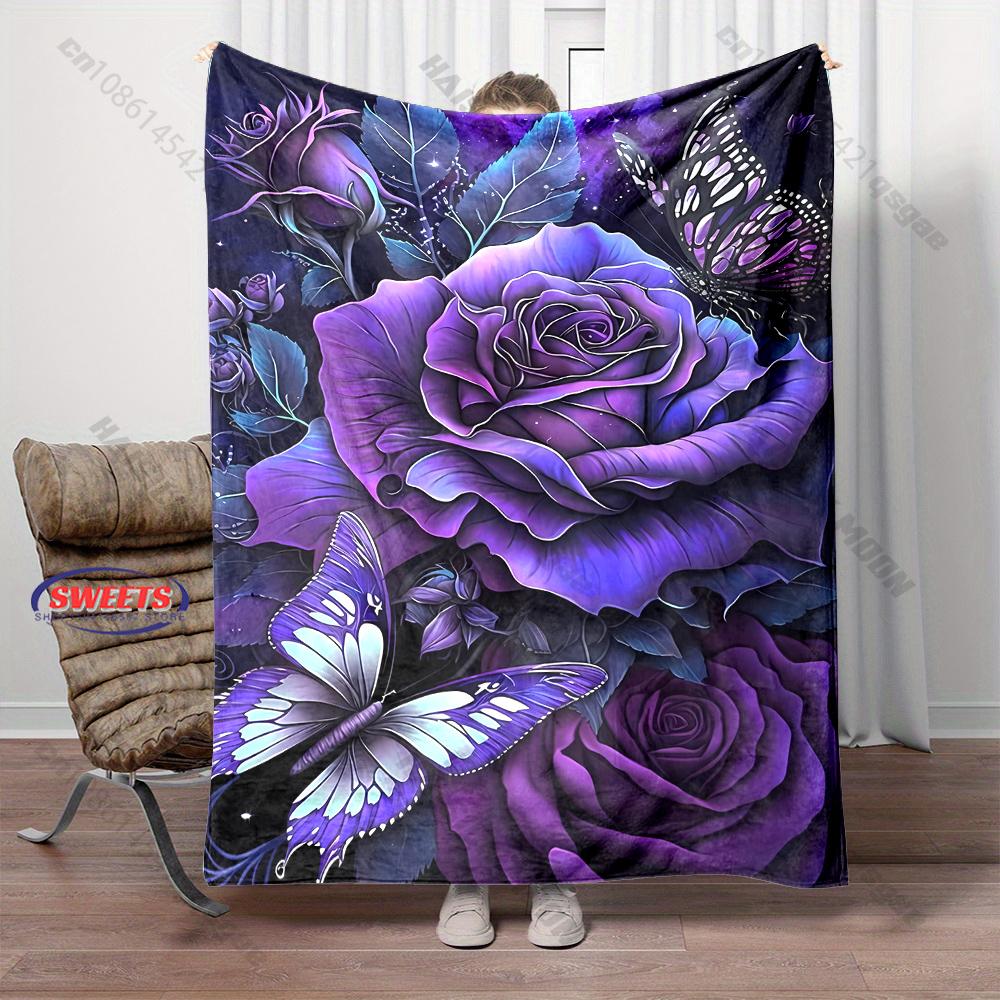 Multi-Size Purple Butterfly and Flower Printed Blankets, Bedroom Living Room Sofa Chairs Bed Blanket Soft and Comfortable Gifts