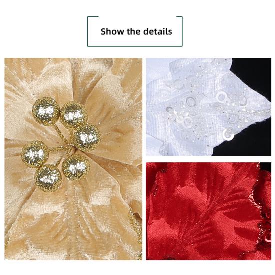 Рождественский блестящий искусственный золотой праздничный цветок со стеблем, красно-белый декор, многоразовая проводная рождественская елка