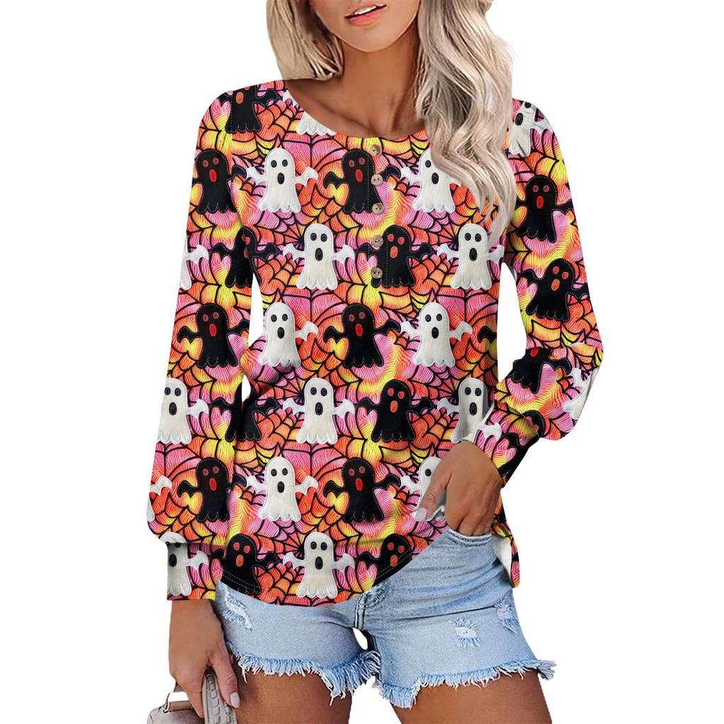 Women's Long Sleeve Round Neck T-Shirts Halloween  Print Puff Sleeve Shirts Button Blouses Tops