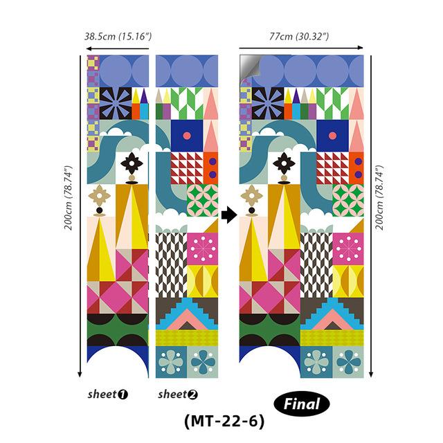 PVC Full Door Stickers Wall Decoration Bedroom Kids Room Cartoon 3D Wallpaper Abstract Line Wardrobe Home Renovation Art Murals