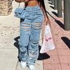 Women Straight Leg Ripped Jeans Fashion Flap Pocket Baggy Pants Vintage Street Hip-Hop Denim Trousers