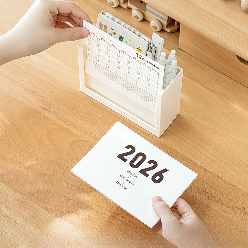 2025 & 2026 Productivity Calendar Stand Multifunctional Desk Organizer with Storage Box Cute Pen Holder for Home Office Decor