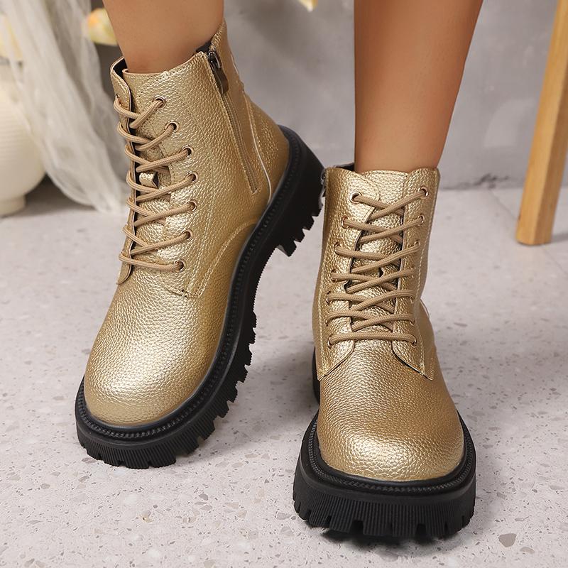 Мода Мода Золотая ПУ кожа Платформа Ботильоны Женщины Толстая подошва Шнуровка Боевые ботинки Женские Осенне-зимние Массивный каблук Короткие ботинки