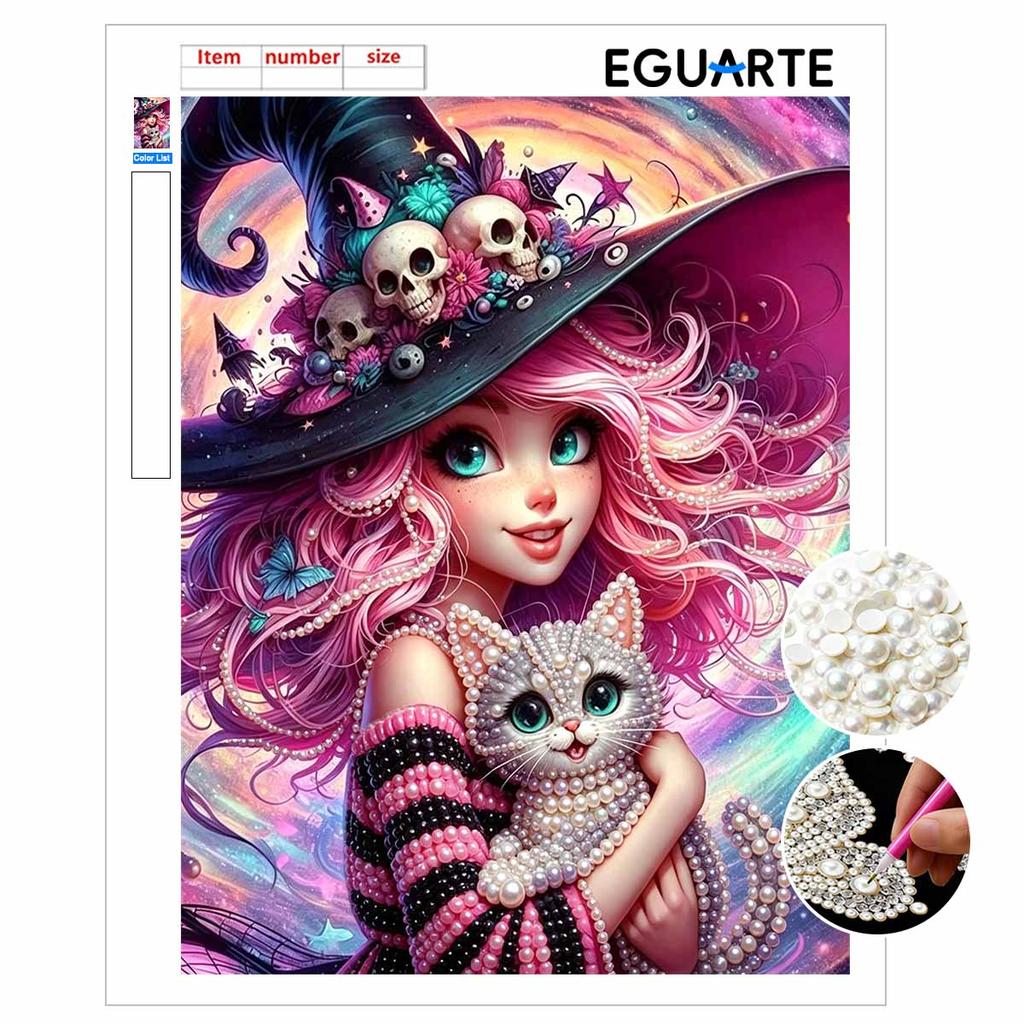 Halloween pearl painting art full pearl handmade diy home decorations witch with cat design vibrant colorful aesthetic wall art decor