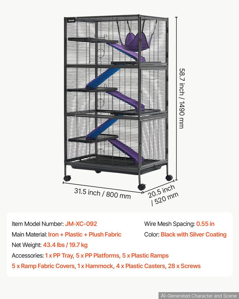 VEVOR Metal Small Animal Cage 149 cm 6-Tier Rolling Ferret Cage On Wheels, 13.97 mm Wire Spacing Large Cages with Hammock, Ramps