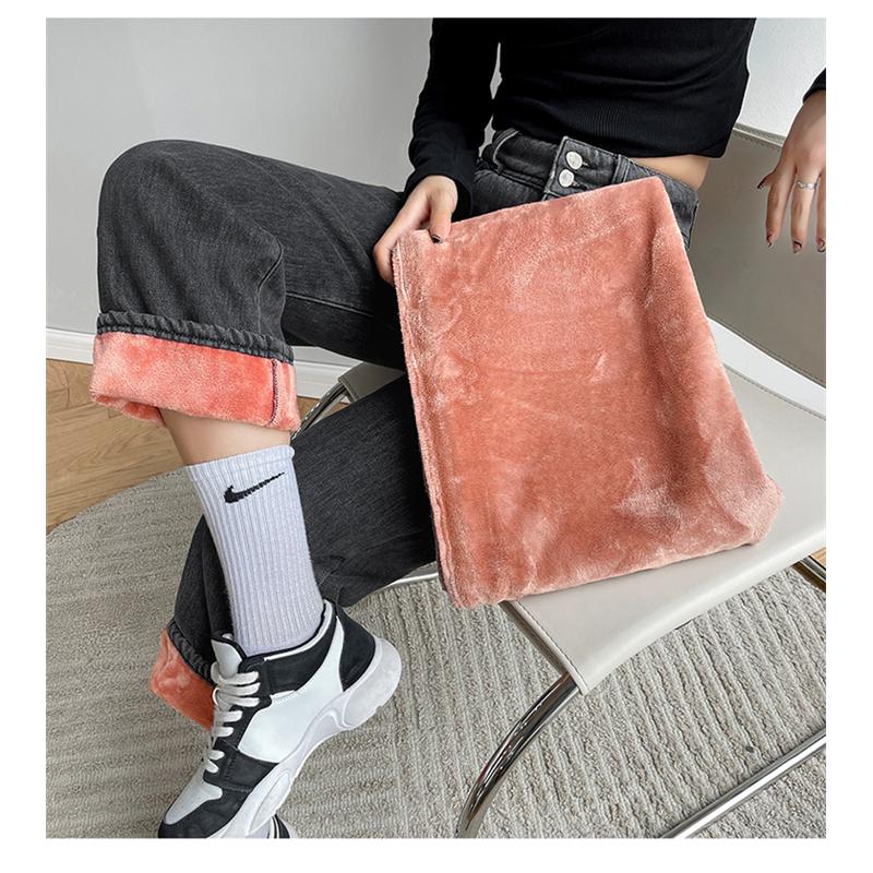 Винтажные женские джинсы с высокой талией, зимние толстые теплые уличные джинсы, широкие джинсы, женские джинсовые брюки, прямые мешковатые джинсовые брюки для мам