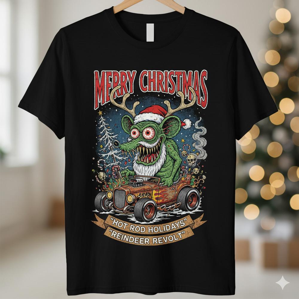 Rat Fink Merry christmas Black T-Shirt Cotton Unisex S-5XL D062 Unisex T-Shirt