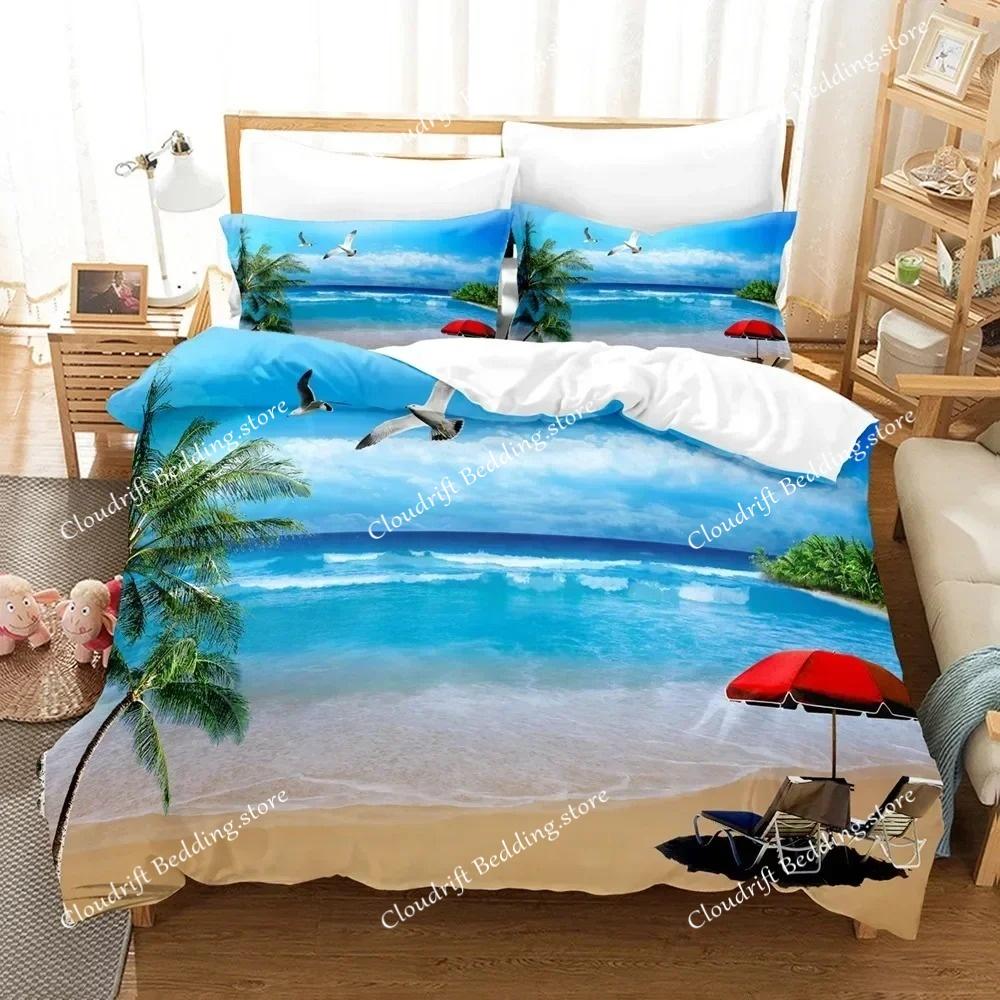 3D Landscape Duvet Cover King Full Size Summer Palm Trees Beach Sea Waves Ocean Theme for Kids Girl Boys Polyester Bedding Set
