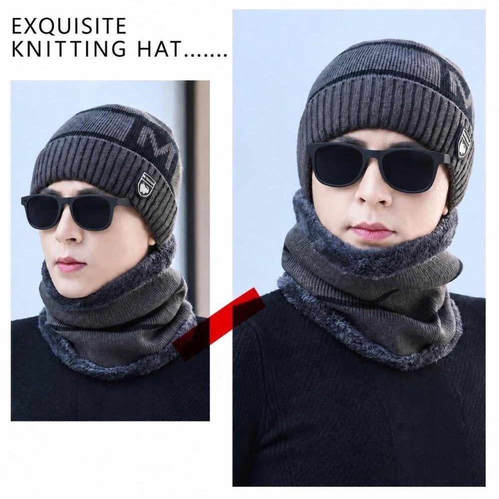 Windproof Knitted Beanie Set Plush Lined Hat Scarf Combo Fashion Winter Knit Headwear Set  For Men