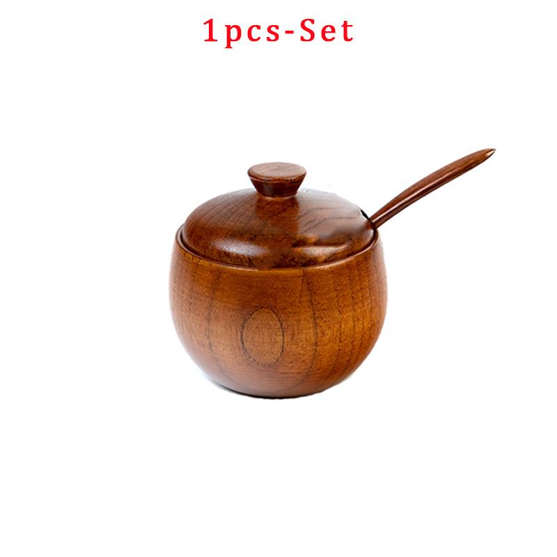 Wooden Salt Cellar Sugar Bowl Pepper Box Salt Seasoning Container Storage Box with Lid and Spoon Wooden Spice Box Spice Jars