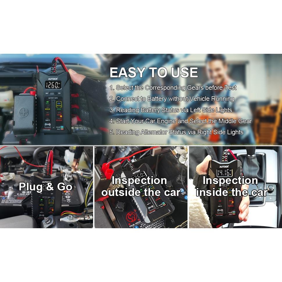 Цифровой тестер аккумуляторов, вольтметр, анализатор системы зарядки генератора переменного тока с ЖК-дисплеем, светодиодным дисплеем, зажимами, кабелем и кабелем прикуривателя