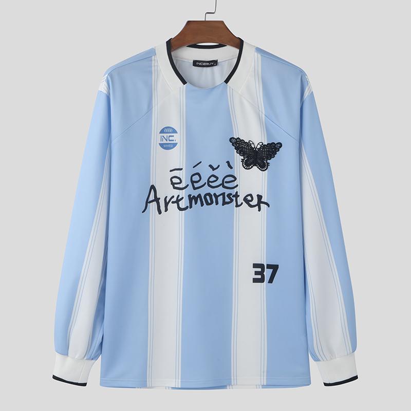 INCERUN Мужские футболки с круглым вырезом и длинным рукавом с буквенным принтом, повседневные полосатые топы