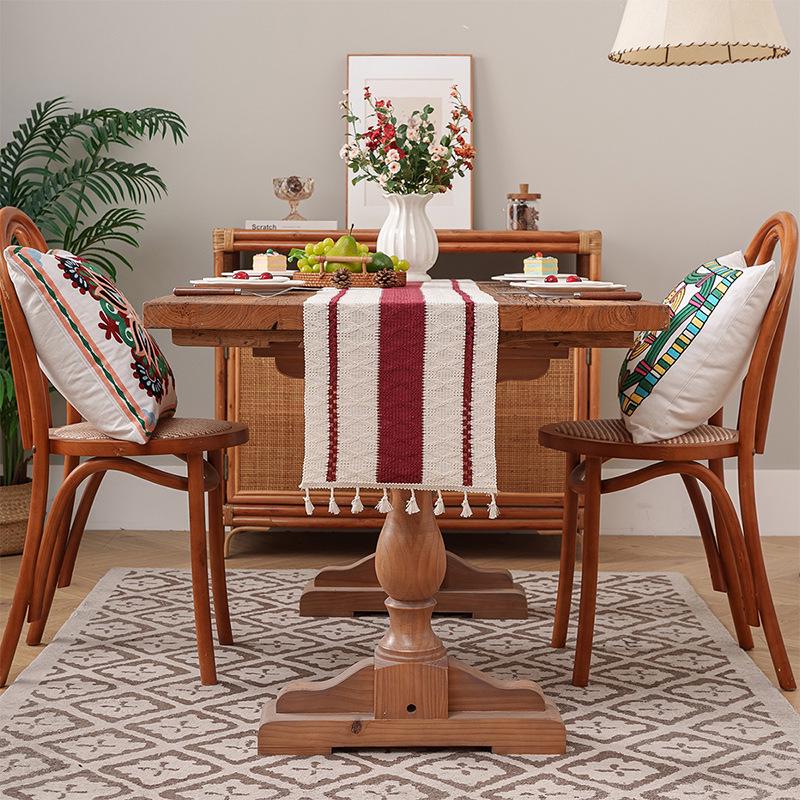 Дорожка для стола с кисточками из хлопка и льна в этническом стиле - легкое роскошное праздничное украшение