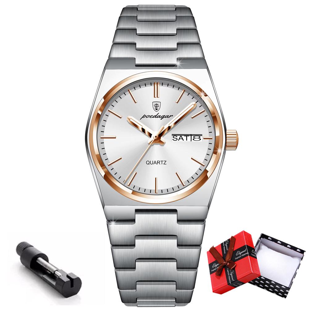 POEDAGAR Роскошные часы для женщин, элегантные кварцевые часы, водонепроницаемые, светящиеся, с датой и неделей, женские часы из нержавеющей стали