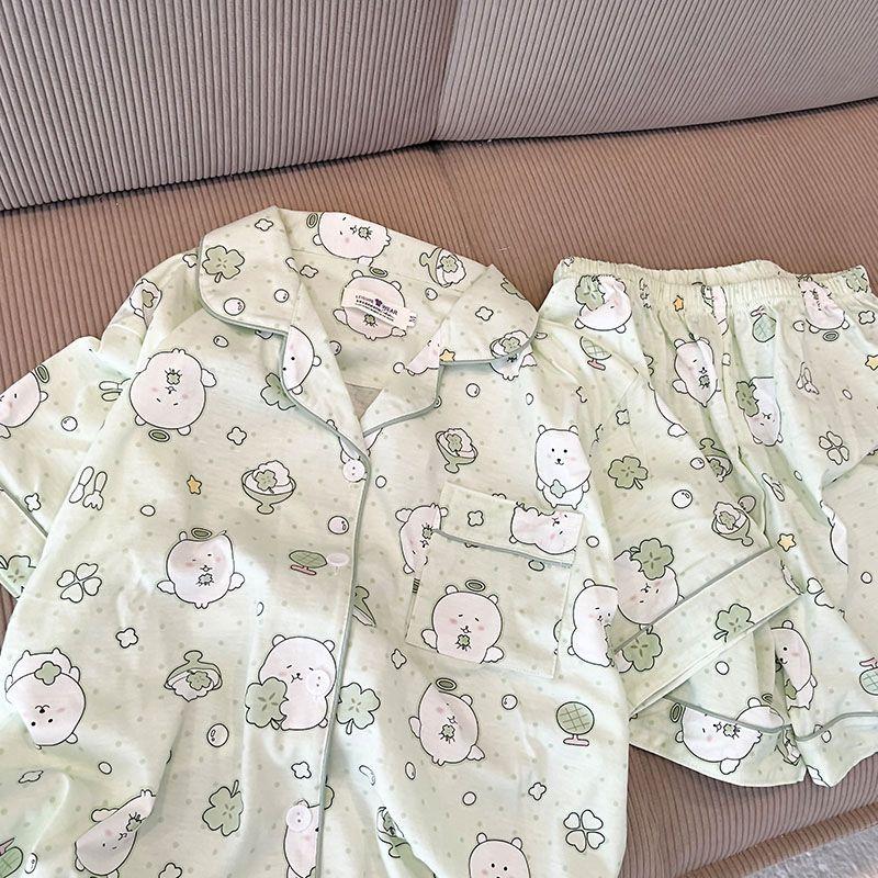 Soft cute princess wind cantaloupe self-deprecating bear pajamas women's summer cardigan short-sleeved shorts set can be worn outside loungewear