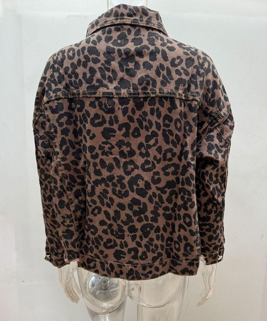 2022 Леопардовый принт Длинный рукав Джинсовая куртка Топ