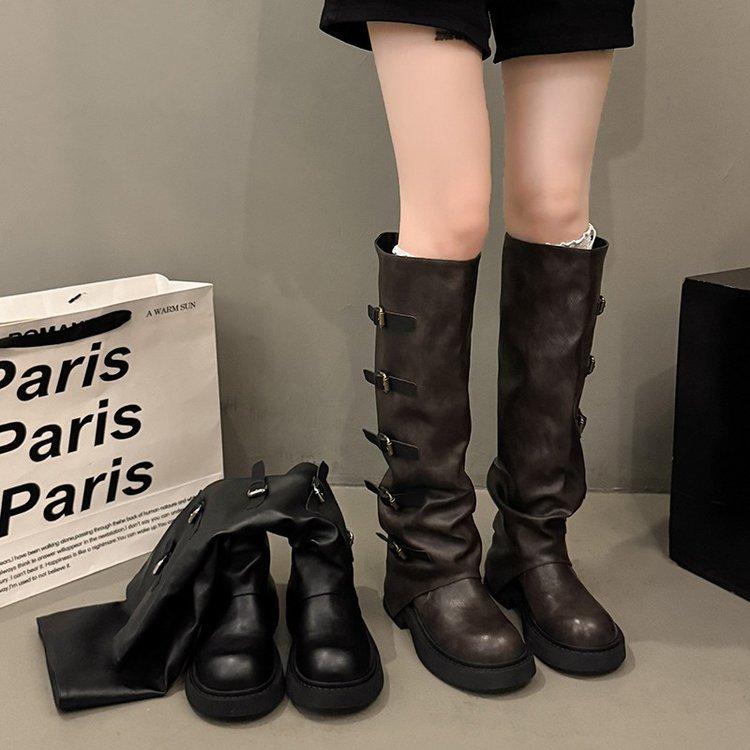 Maillard но сапоги женские 2025 новая осень ретро на наборном каблуке сапоги-трубы высокий каблук высокие рыцарские сапоги