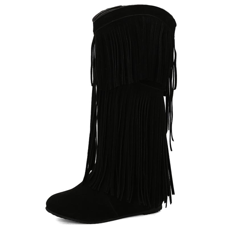 Женские сапоги до середины голени с бахромой, сексуальные зимние туфли, черные, бежевые, на танкетке, женские туфли, увеличивающие рост, большой размер 48