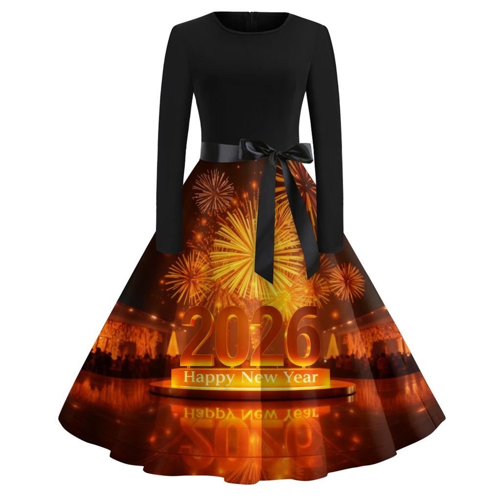 Женское повседневное модное платье с круглым вырезом и длинным рукавом с новогодним принтом в ретро-стиле