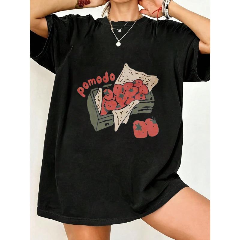 Футболка оверсайз черная с принтом помидора Помодоро и текстом, повседневная одежда для женщин, летний наряд, уличная мода, трендовый топ