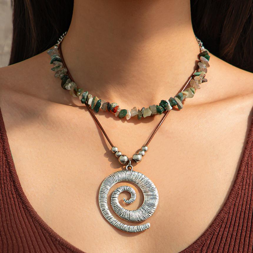 SHIXIN 2 Pcs Bohemian Irregular Natural Stone Bead Necklace for Women Vintage Threaded Conch Pendant Necklace Beach Neck Jewelry