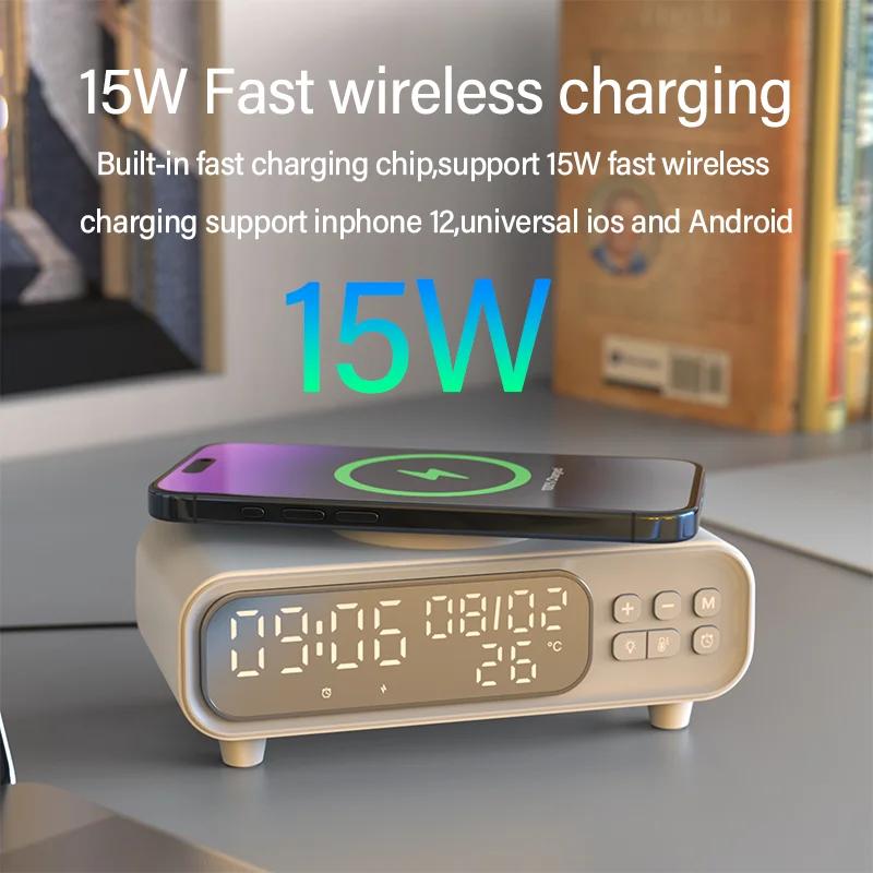 15 Вт Беспроводное зарядное устройство Время Будильник Светодиодный ночник Термометр Наушники Телефон Зарядные устройства Быстрая зарядка Док-станция для iPhone