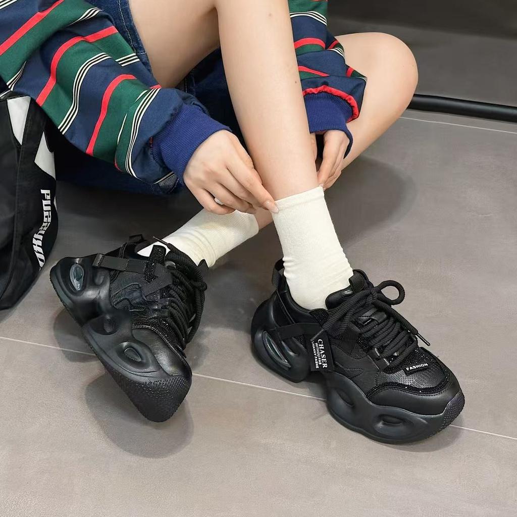 Thick-soled heightening retro dad shoes women's spring and autumn muffin shoes 2025 new women's shoes waterproof gray sneakers rhinestones