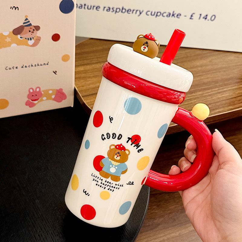 Cartoon Straw Cup Large Capacity Ceramic Drinking Cup with Lid  Cute Animal Breakfast Milk Cup  Souvenir
