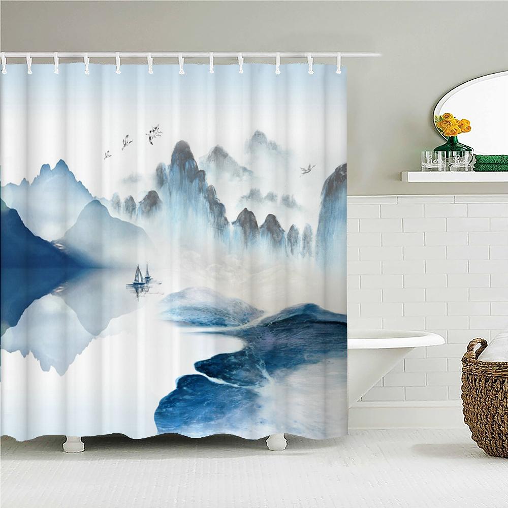 Japanese-style Shower Curtain 3d Ink Painting Bathroom Curtain Waterproof With Hooks 180*240CM Shower Curtain Polyester Fabric