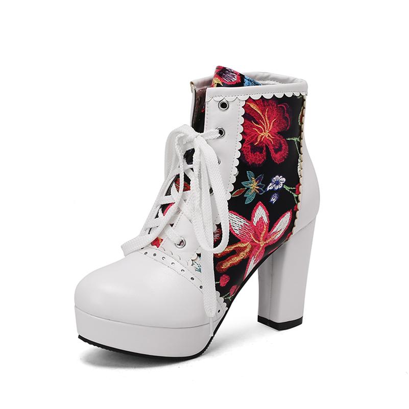 Женские ботильоны с круглым носком на толстом высоком каблуке и платформе с вышивкой на шнуровке разных цветов, женская модная зимняя обувь