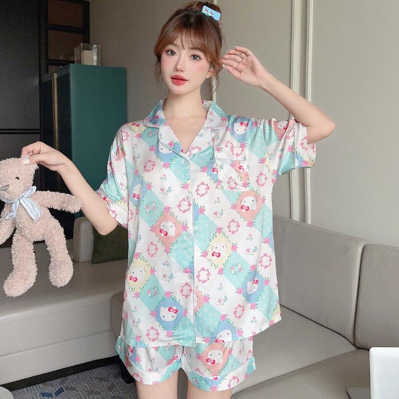 Popular Plaid Cardigan Loungewear Girl Home Cartoon Cute Summer Ice Silk Short-Sleeved Suit