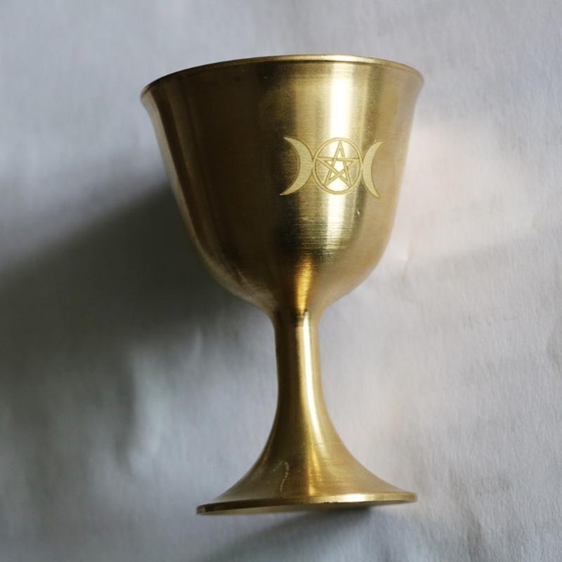 62KD Ritual Cup Altar Goblet Wicca Gold Plating Brass Ceremony Moon Divination Astrological Tool Witchcraft Prop Supplies