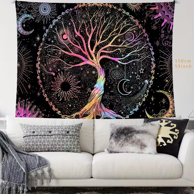 2D Rainbow Tree of Life Tapestry, Black Background Sun Moon Star Wall Hanging, Mystical Scenery Decor