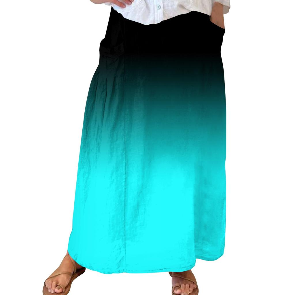 Women Casual Loose Boho Elastic Waist A-Line Beach Flowy Swing Vacation Maxi Skirt With Pocket