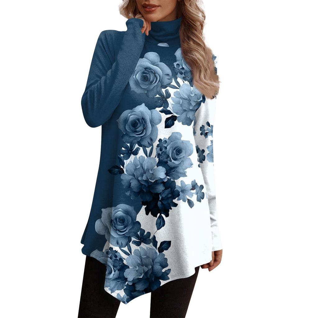 Casual Fashion Floral Print Shirt Tops High Neck Irregular Hem Long Sleeve Pullover Tops