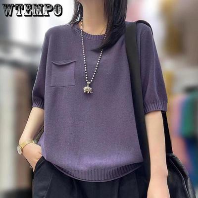 Летний новый пуловер с большим круглым вырезом, с коротким рукавом, вязаная футболка, свободная повседневная футболка, тонкая одежда для мамы среднего возраста