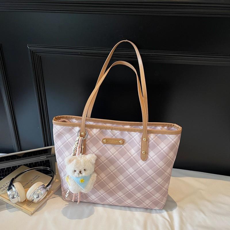 Large Capacity Tote Bag Women Commute Work Daily Use Vintage Plaid Shoulder With Zipper