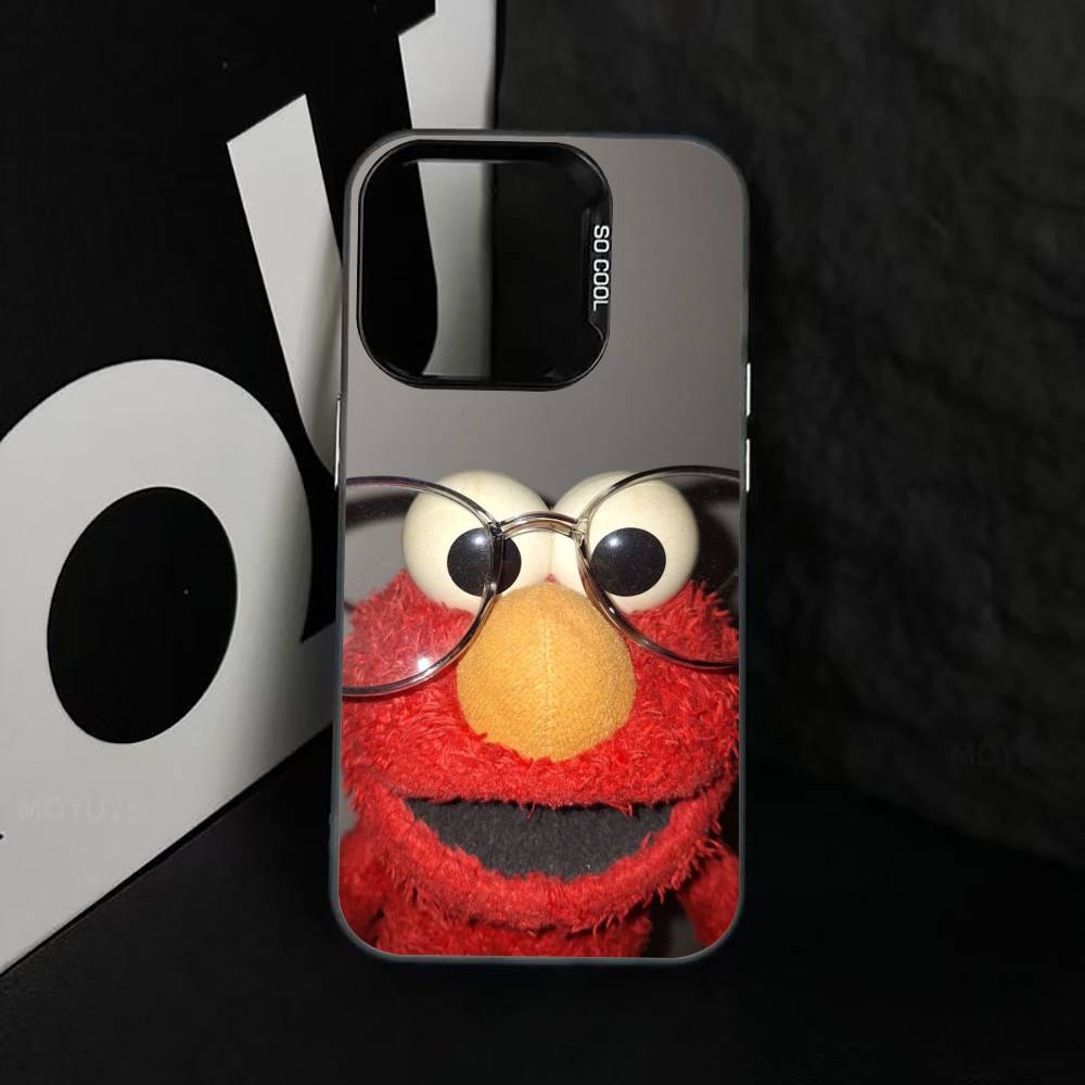 Cut Cartoon E-Elmo Phone Case For iPhone 17,16,15,14,13,12,11 Plus,Pro Max,XS,Colored Silver Plated Inside Cover